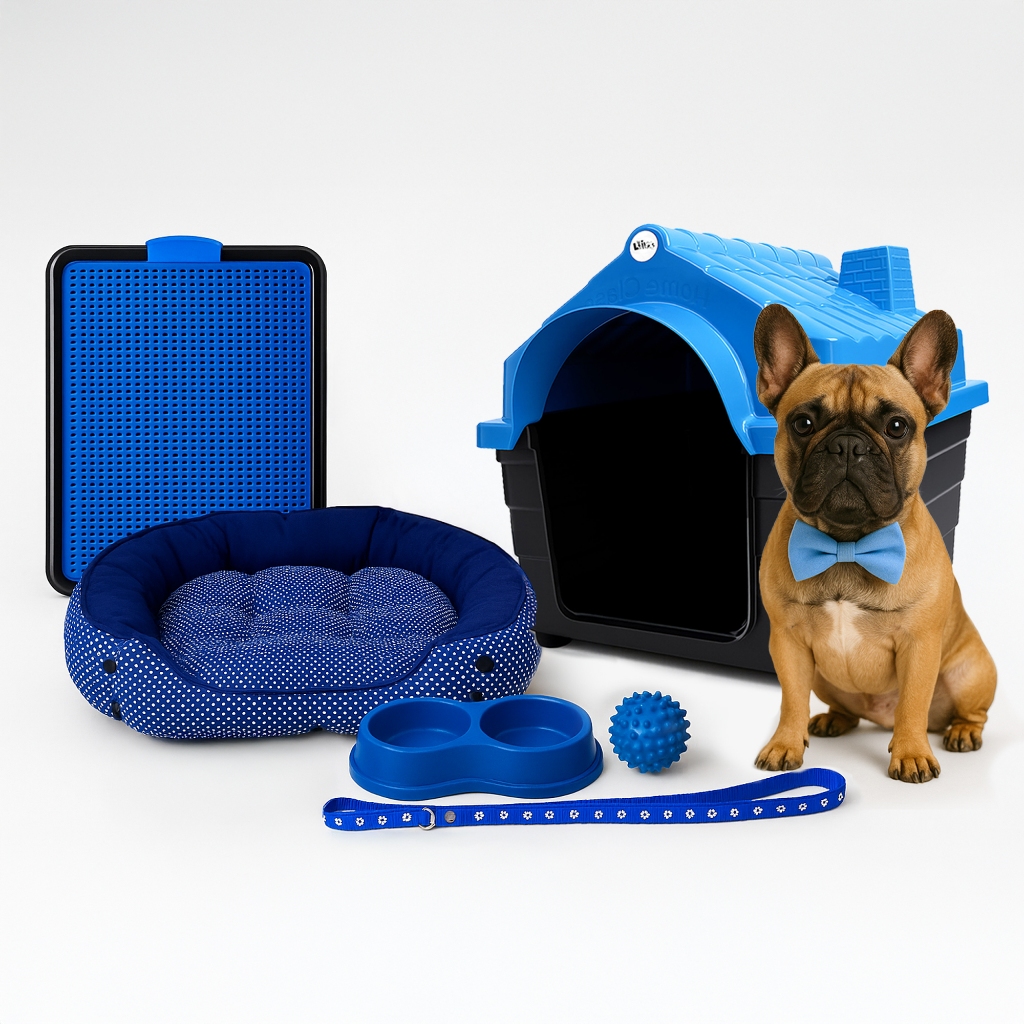 Kit Para Cachorro Pequeno Coleira Casinha Cama Comedouro 2 Em 1 Tapete Sanitário Brinquedo