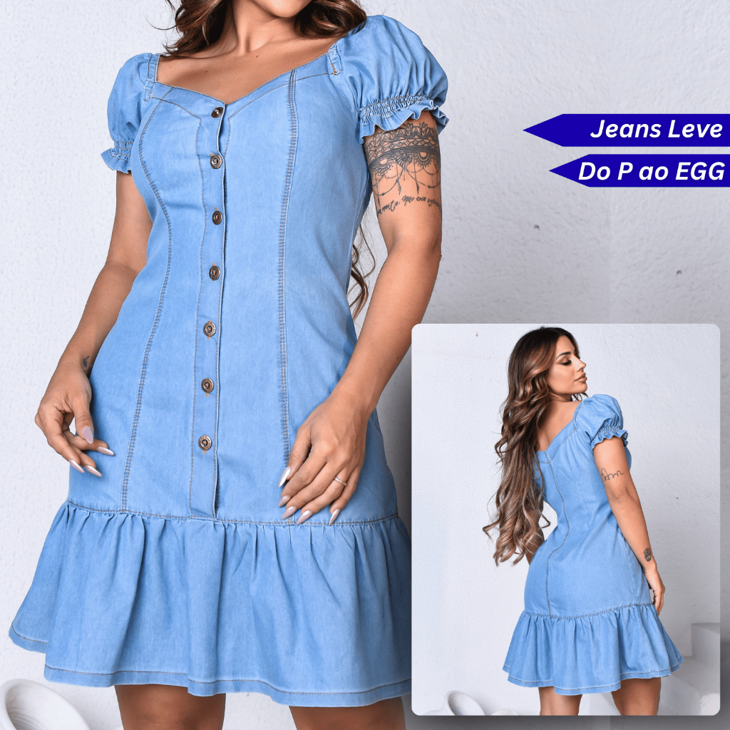 Vestido Jeans Feminino Manga Bufante Peplum Moda Blogueira Verão Premium em Oferta na Shopee