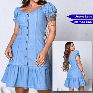Vestido Jeans Feminino Manga Bufante Peplum Moda Blogueira Verão Premium em Oferta na Shopee