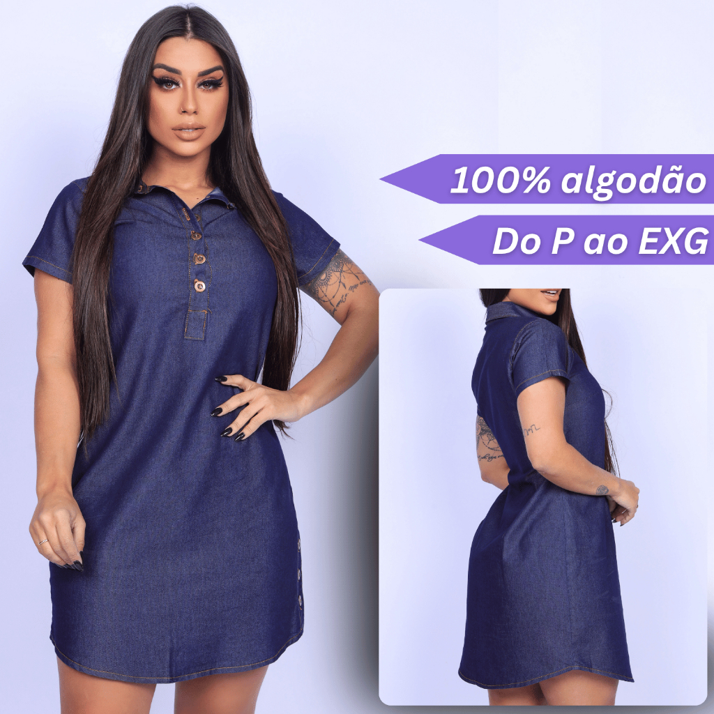 Vestido Chamise Jeans Camisão Feminino Manga Curta Midi Moda Chemise Evangélico Casual