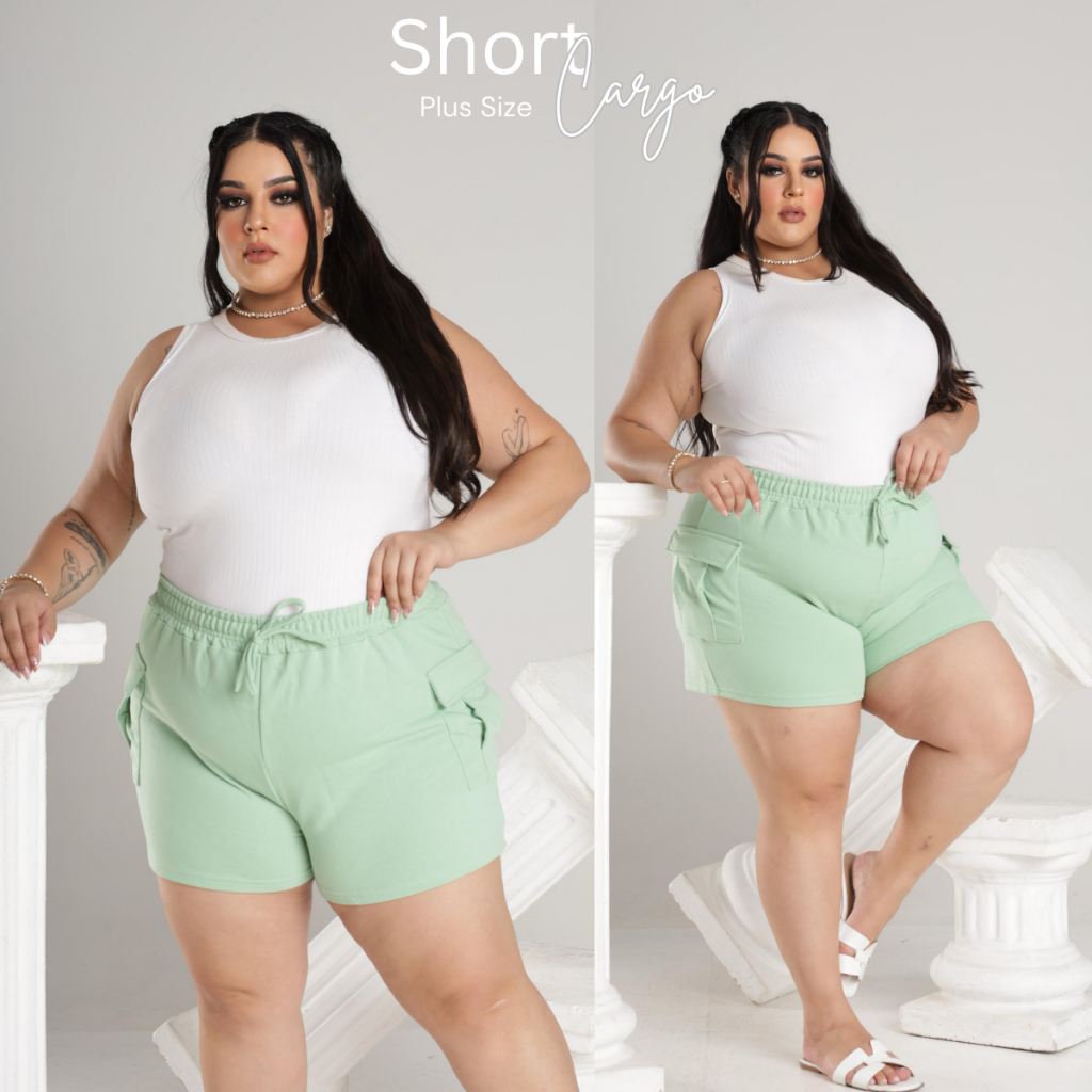 Short Cargo Feminino Plus Size Moletinho Verde Bege Preto G1 G2 G3 Conforto
