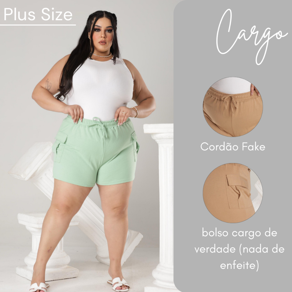 Shorts Cargo Feminino Plus Size Moletinho Cintura Alta G1 G2 G3 Preto Bege Verde Menta