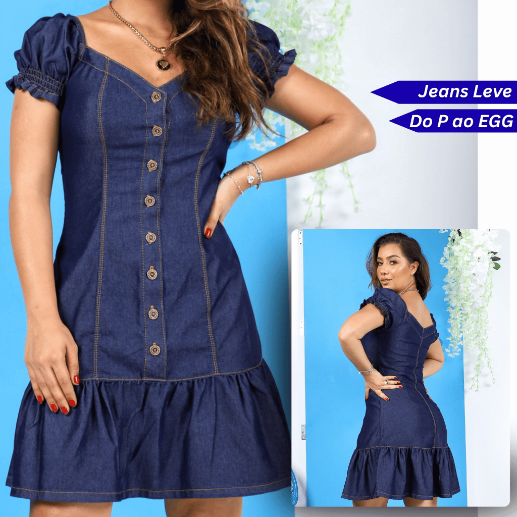 Vestido Feminino Jeans Peplum Manga Princesa Moda Casual Botão 36 ao 46