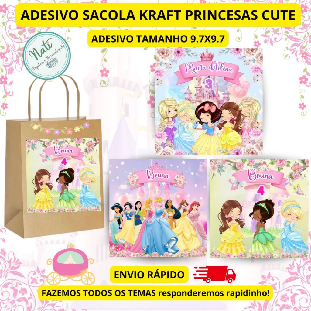 Rótulo Adesivo para Personalizar Sacolas Kraft /TNT-  Adesivos Sacolas de Papel, Adesivos festas. PRINCESAS CUTE em Oferta na Shopee
