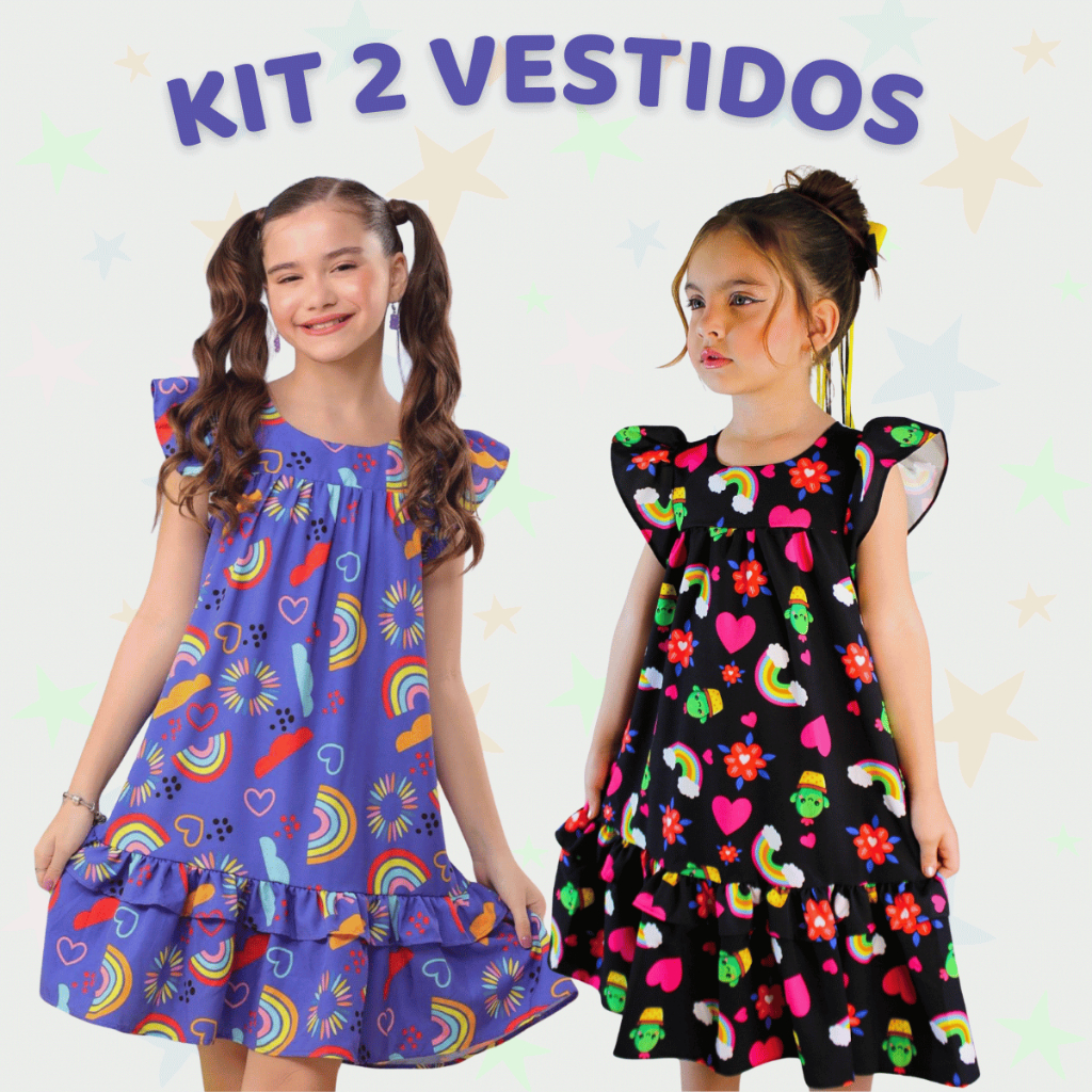 Kit 2 Vestido Infantil Menina Estampado Causal Juvenil Festa Criança Modinha 01 a 14 Anos em Oferta na Shopee