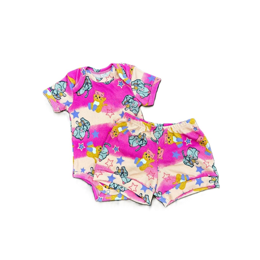 Kit Conjuntos Body Bebê Canelado Menina Manga Curta + Shorts Canelado Verão