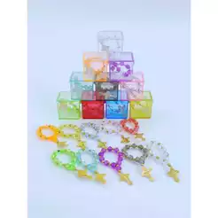 25 Kits Caixa acrílico 3x3 + mini terço Artesanal MIÇANGAS Tercinho Batismo