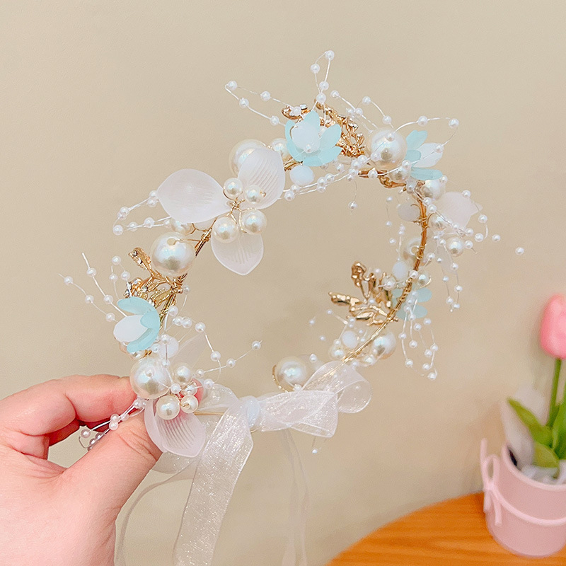 Tiara Coroa de Flores com Pérolas para Daminha e Festas - Enfeite de Cabeça Acessório Azul