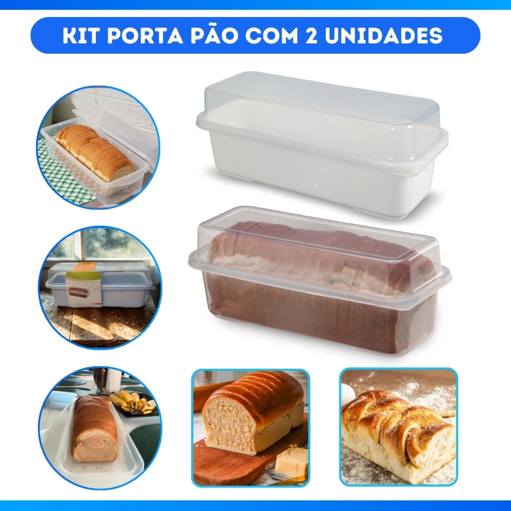 Kit 02 Porta Pães de Forma Retangular De Plástico Com Tampa