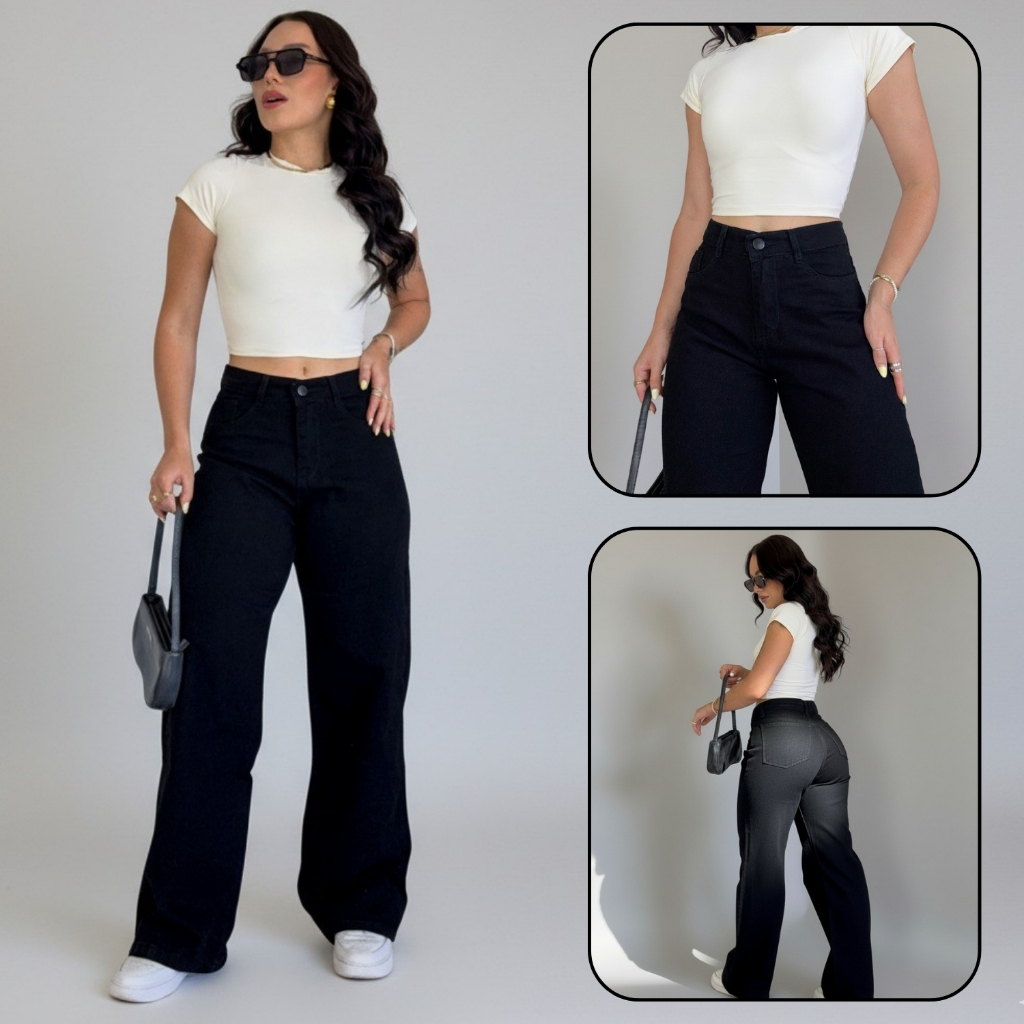 Calça Wide Leg Feminina Jeans Preto Pantalona Afina Cintura Casual Levanta Bumbum Boca Larga Premium