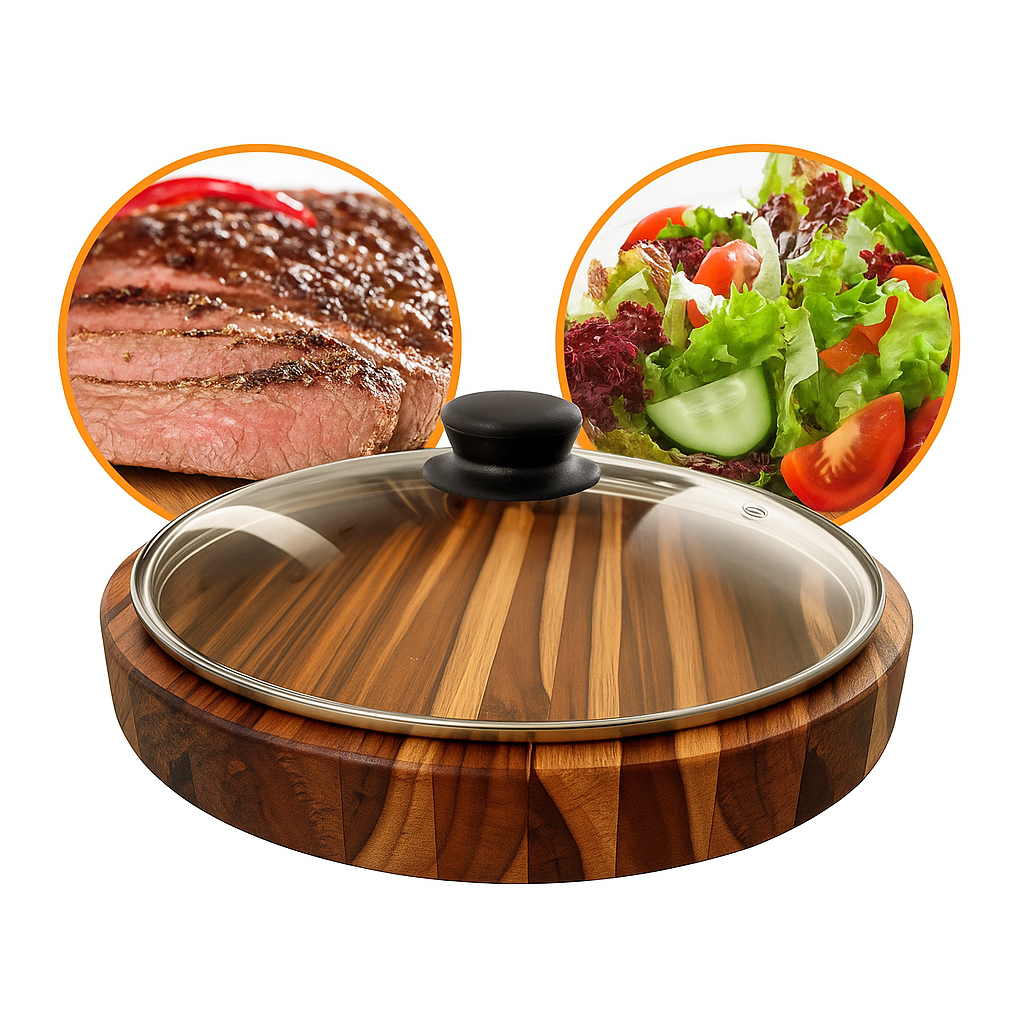 Saladeira Gamela 21cm 23cm 25cm 27cm em Madeira Teca Com Tampa de Vidro Mesa Posta Bandeja Decoração