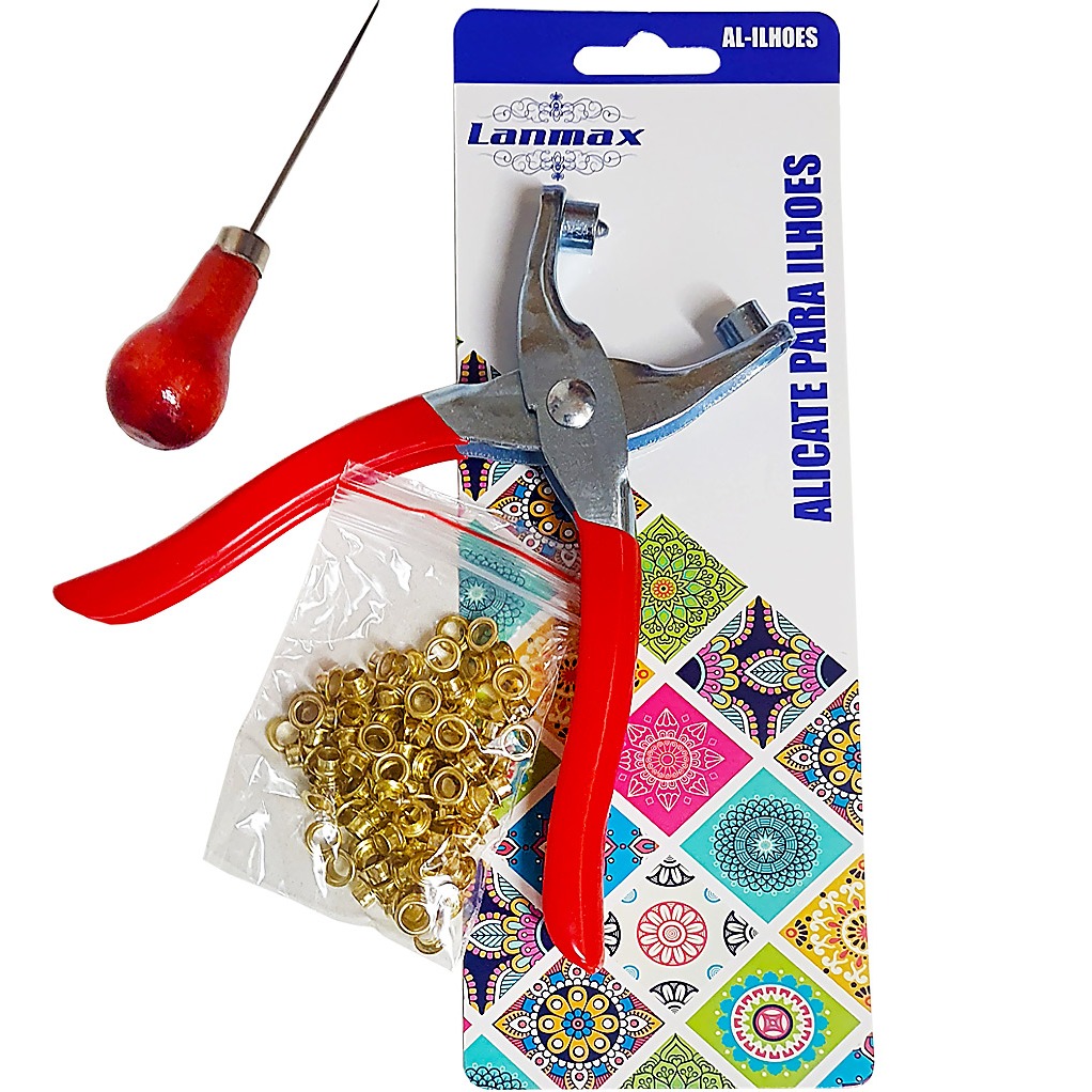 Alicate Para Aplicar Ilhós Lanmax + 100 Ilhós Dourado + Agulhão em Oferta na Shopee