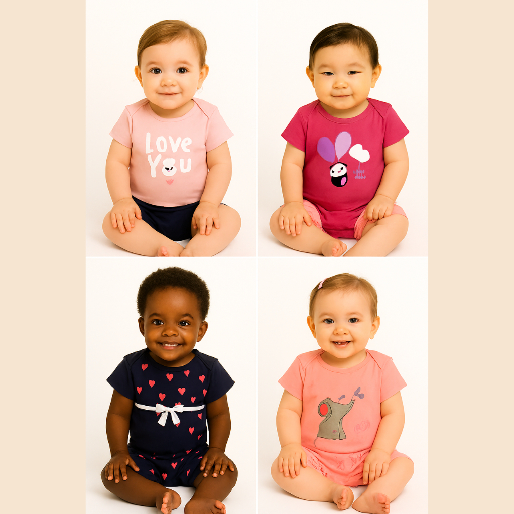 Conjunto Body Bebê Manga Curta Algodão Estampado – kit 4 peças Roupinha Infantil Confortável Menina e Menino