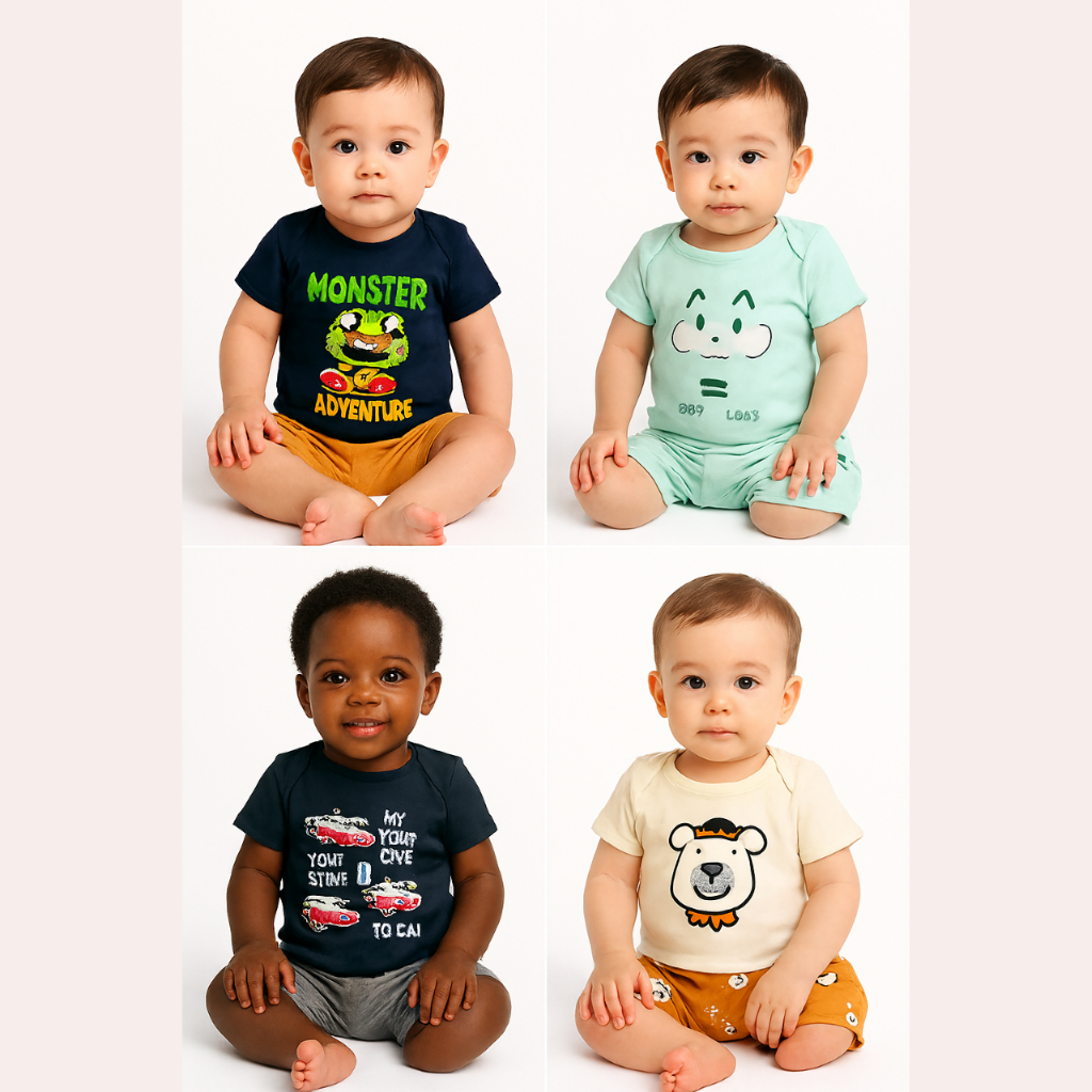 Conjunto Body Bebê Manga Curta Algodão Estampado – Roupinha Infantil Confortável Menino e Menina Kit 2 Conjuntos Verão