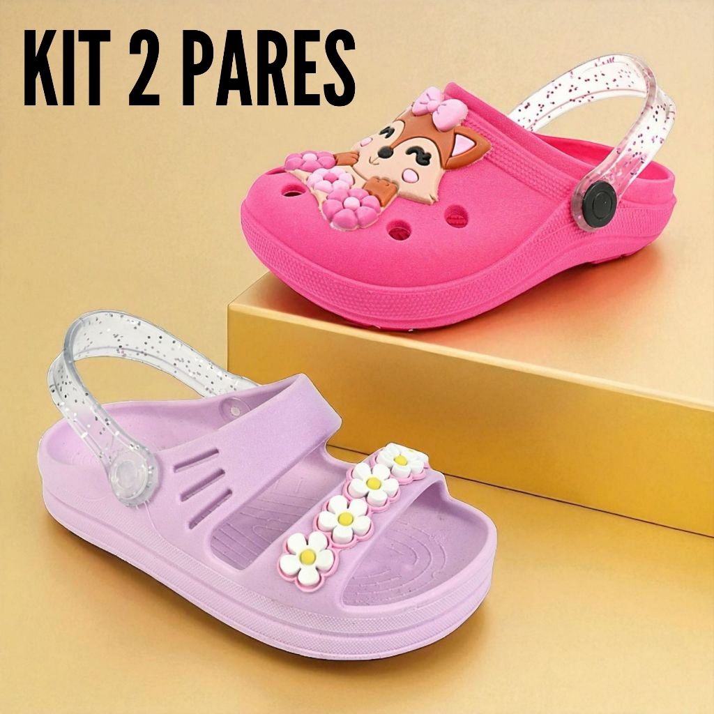 Kit 2 Pares Infantil Feminino Babuche E Papete Escolar Leve E Macio Para Meninas Envio Imediato