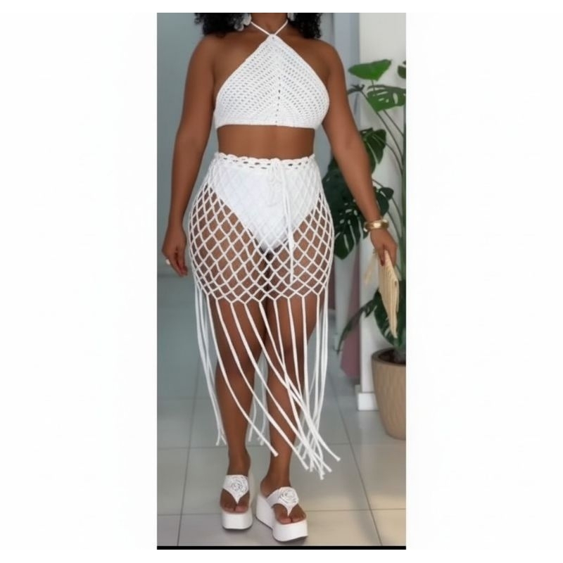 Saida de Praia Conjunto em Croche Blusa de Croche Feminino Verão