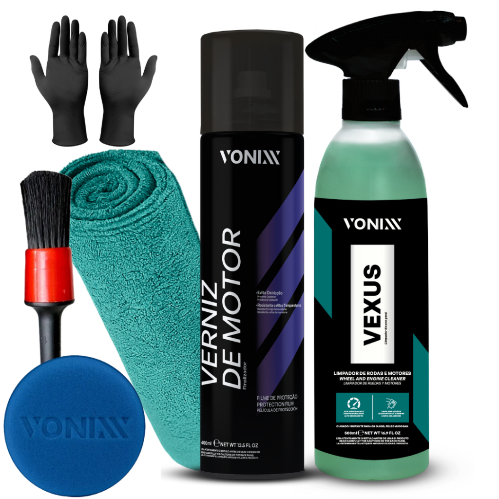 Kit Completo Para Motor: Verniz para Motor, Pano, Aplicador,Luva Nitrílica e Pincel - Brilho e limpa