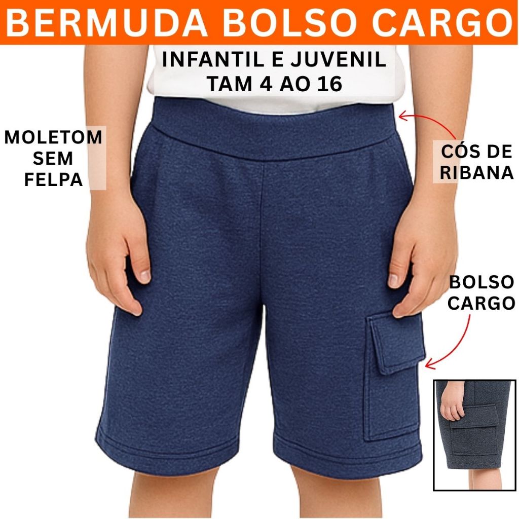 Bermuda Infantil Juvenil Menino Bolso Cargo moletom 3247-A