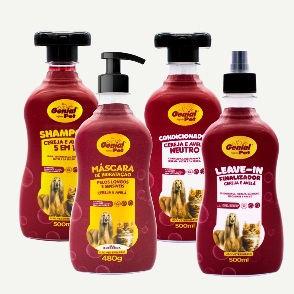 Kit Shampoo Condicionador Mascara de Hidratação e Leave in Para Cães e Gatos Cereja e Avelã 500ml em Oferta na Shopee