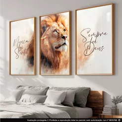 Quadro Decorativo Leão Motivacional Nunca Foi Sorte Sempre Foi Deus Fé Força e Inspiração 122x60