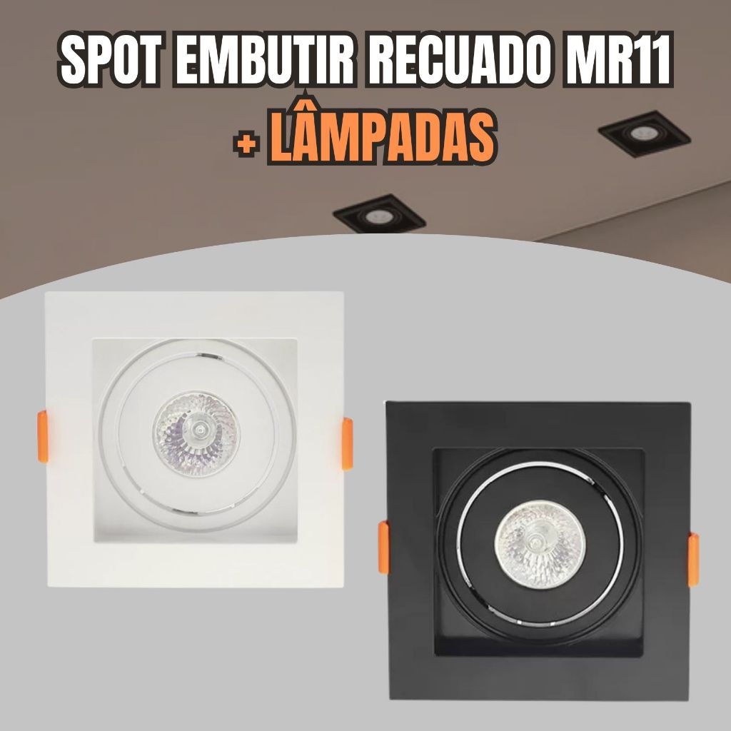 Spot Embutir Recuado Quadrado Mini Dicroica MR11 Gu10 Fundo Preto Branco Embutido com Lâmpadas