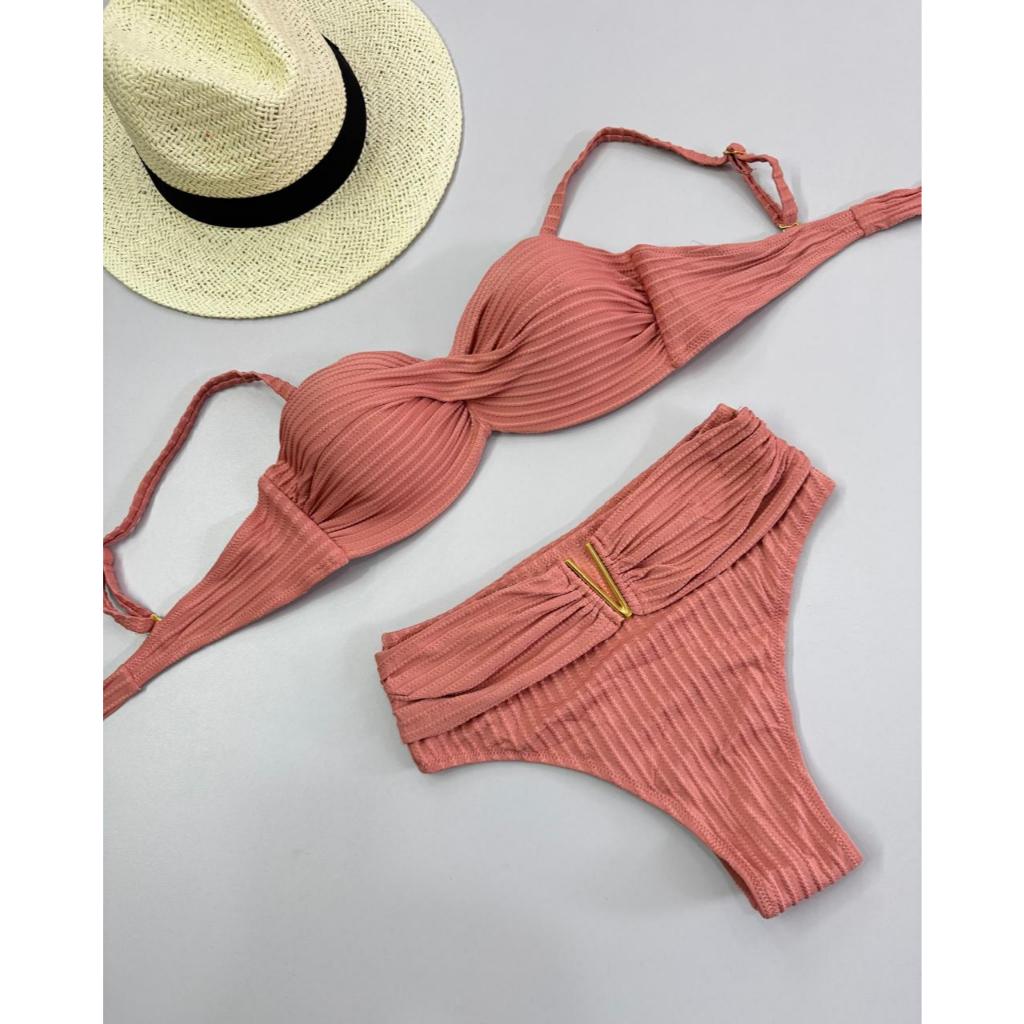 Biquíni Texturizado Canelado com Bojo e Cintura Alta – Moda Praia Verão em Oferta na Shopee