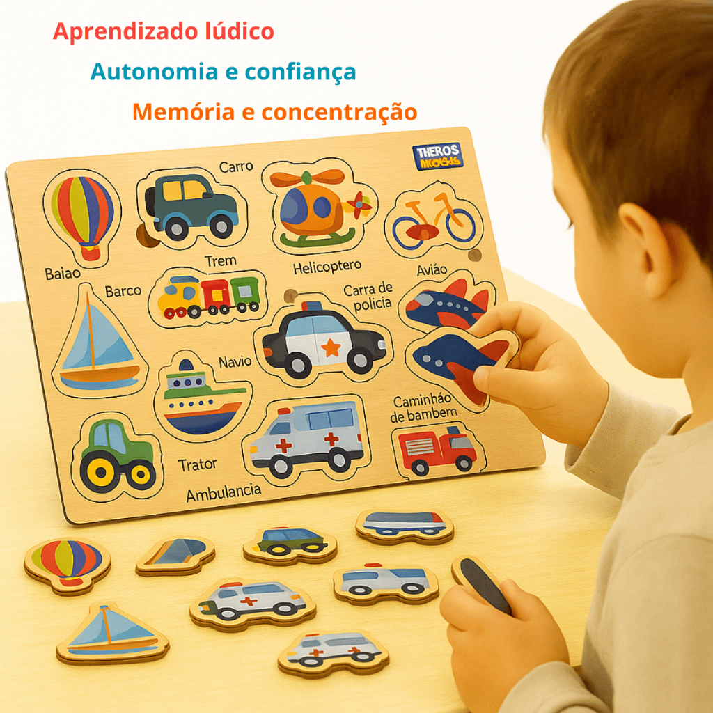 Brinquedo Jogo Educativo Encaixe De Meios Locomoção Madeira Quebra Cabeça Therois Kids