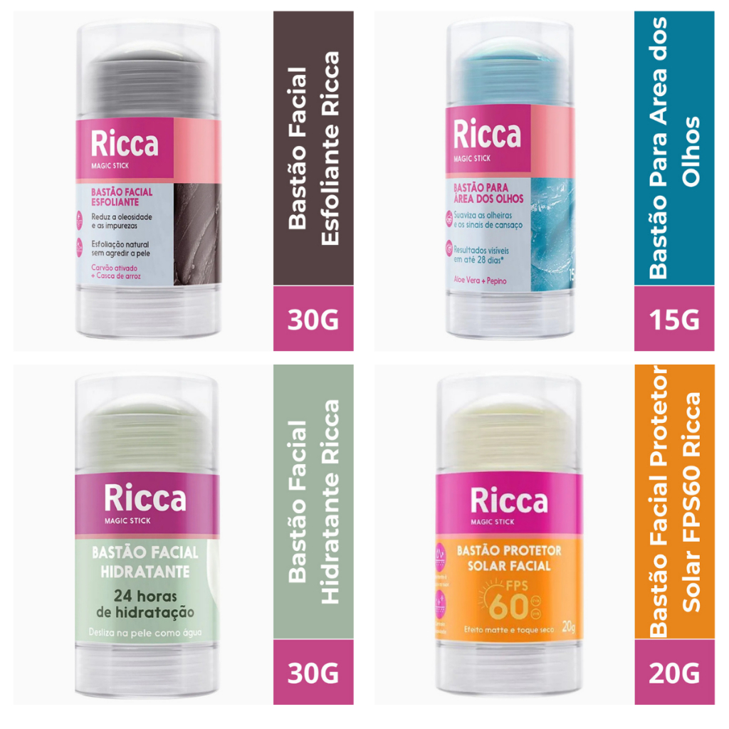 Kit ou Avulso Bastão Ricca Area Olhos Protetor Solar Hidratante Esfoliante Multifuncional Efeito Geladinho - Ricca