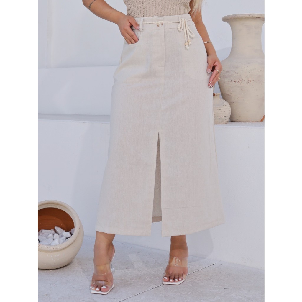 Saia Longa Feminina Linho com Fenda frontal PAULA com bolsos e cordão no cós evangélica em Oferta na Shopee