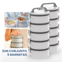 Kit 2un Marmita Térmica 1,5L 5 Andares Marmitex Pote Hermético Vasilha Tampa e Trava Soprano Cinza