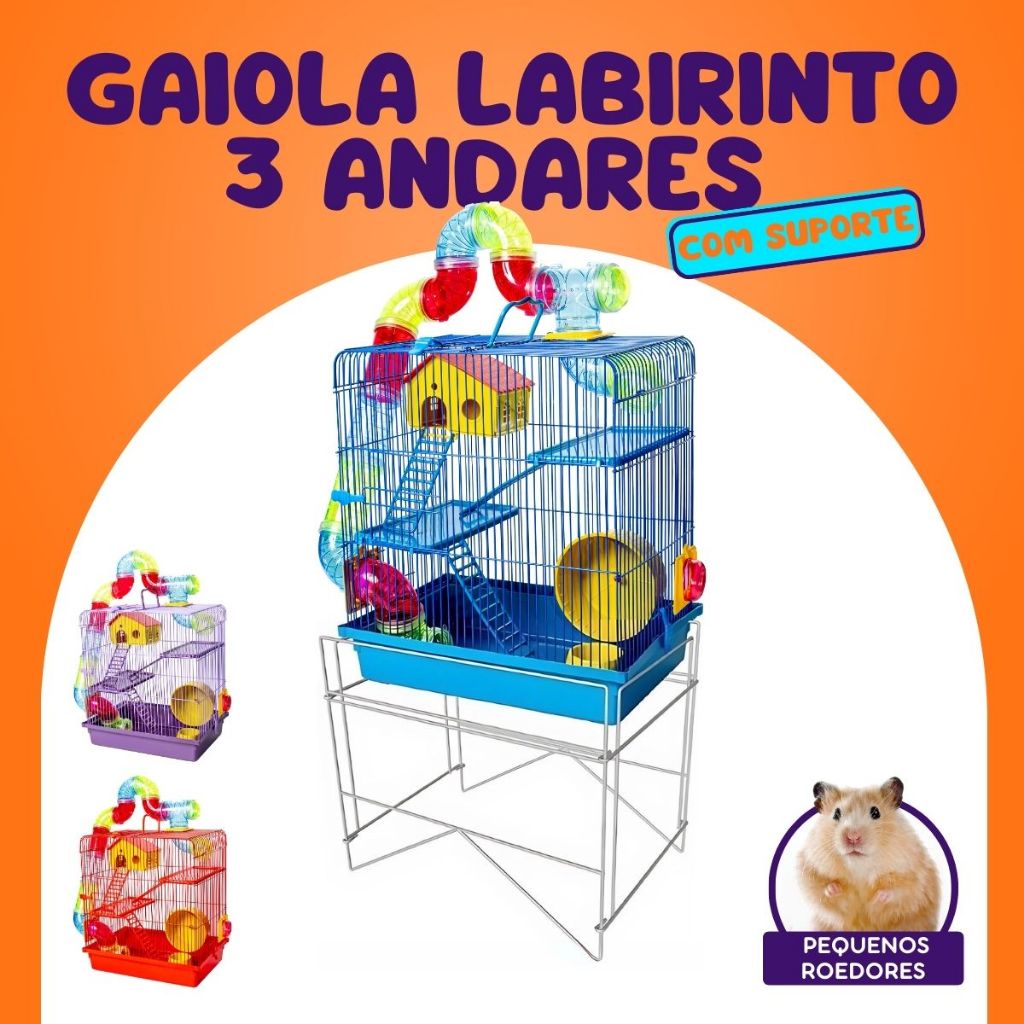Gaiola Hamster Com Suporte Tubo Labirinto 3 Andares