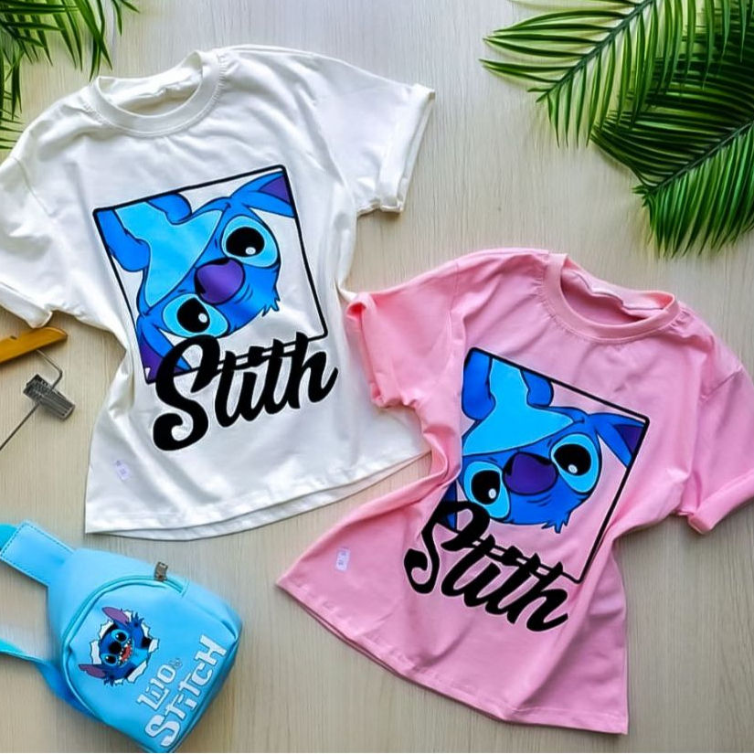 T- Shirt ou Cropped Infantil Menina Lilo Stitch Manga Curta 4 ao 12 anos