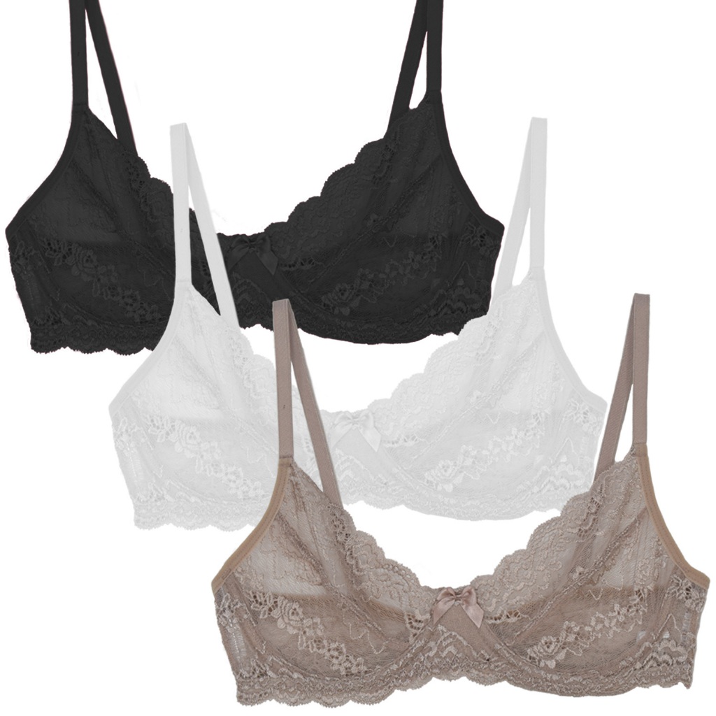 Kit 3 Sutiã Em Renda Sem Bojo Com Aro Balconet Costa Nua Alça Ajustável Lingerie Feminina Básico