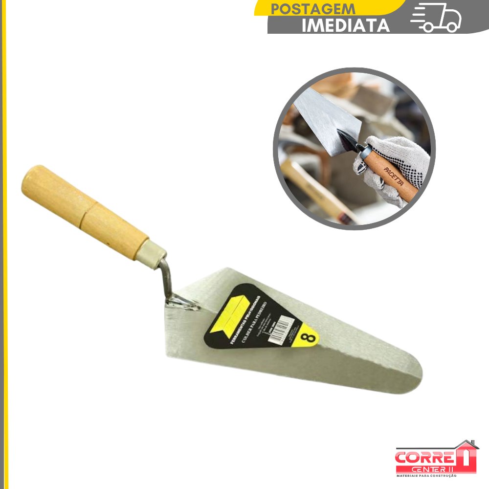 Colher de pedreiro 8" polegadas de canto quadrado com cabo de madeira ferramenta obra construção cimento reboco em Oferta na Shopee