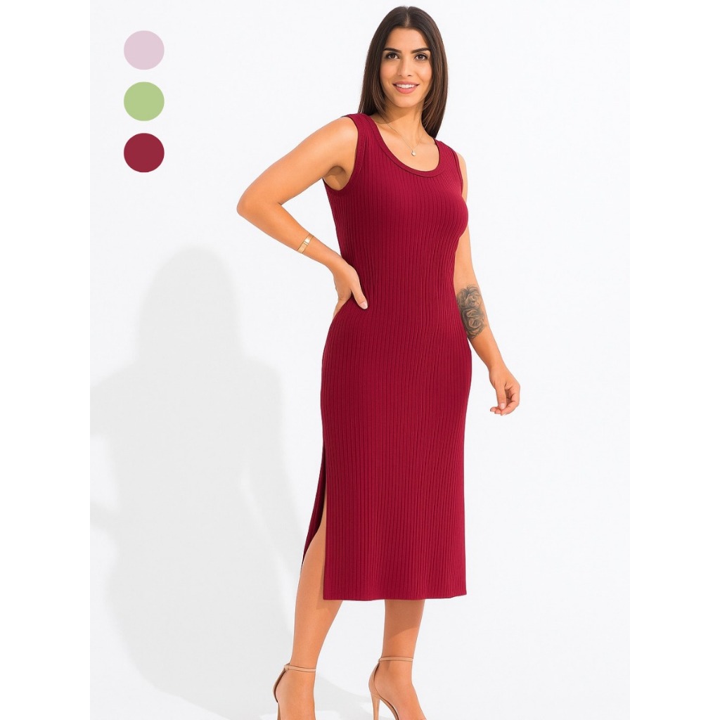 Vestido Midi Feminino Canelado Soltinho Viscolycra Regata Dia a Dia com Fendas Laterais