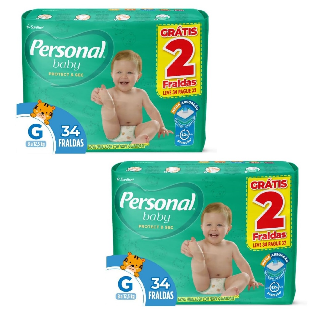 Kit 2 pcts Fralda Personal Baby G 8 à 12,5 Kilos -34un - Total 68un MEGA em Oferta na Shopee