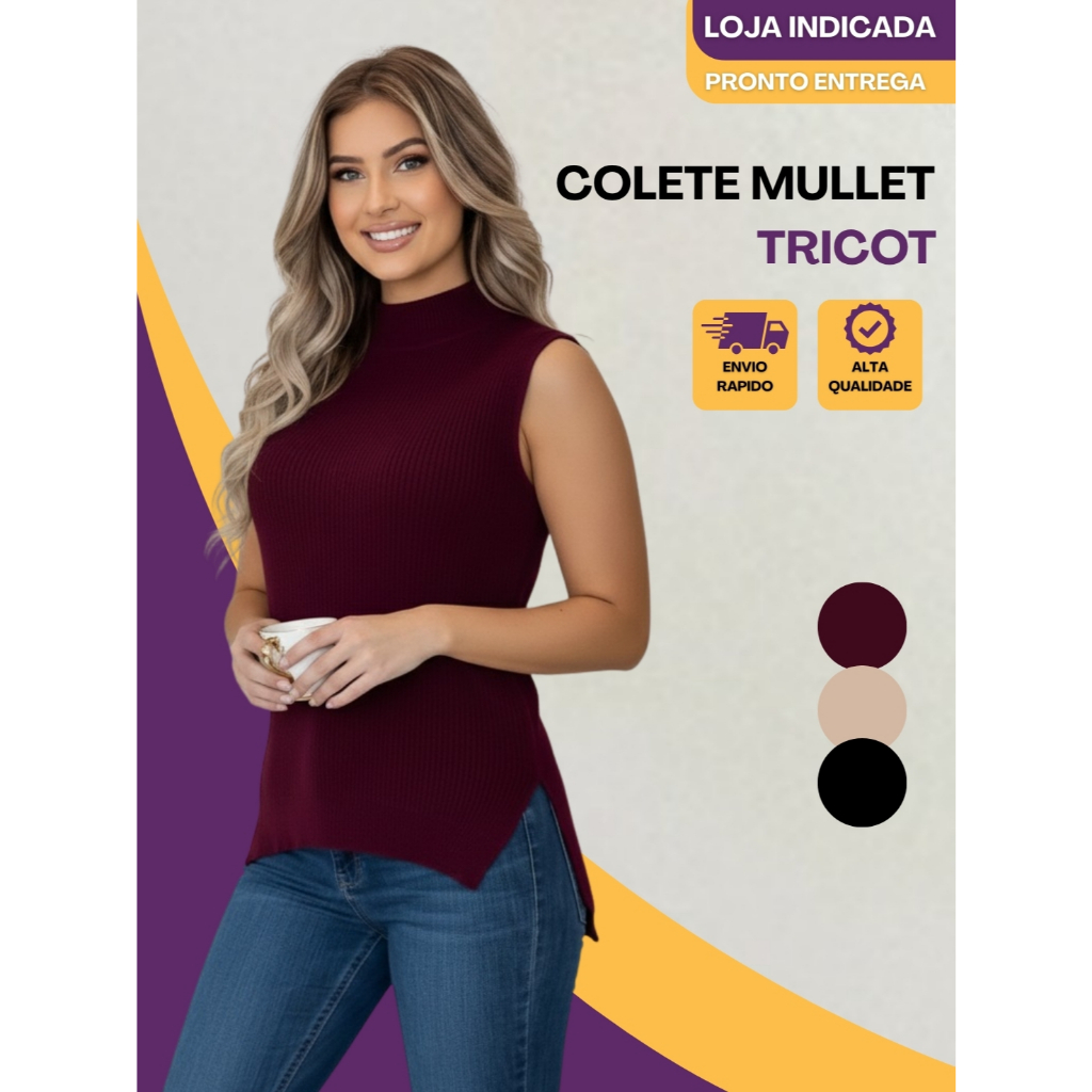 Colete Feminino Tricô Mullet Gola Alta Fenda Moda Inverno