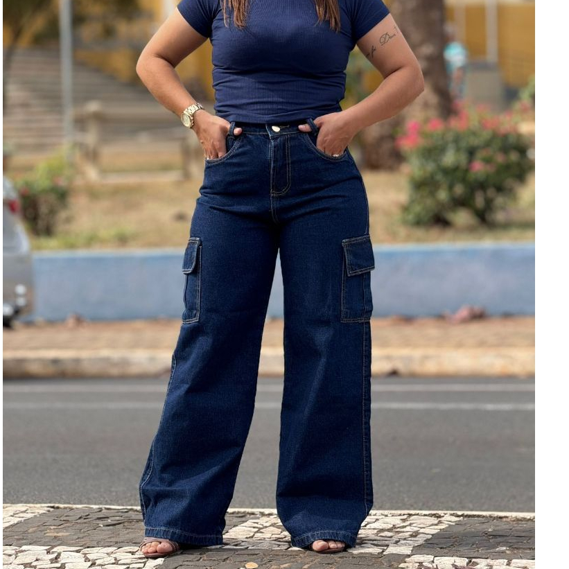 Calça feminina Jeans cargo Wide leg /Pantalona/cintura alta/bolsos laterais/100% algodão