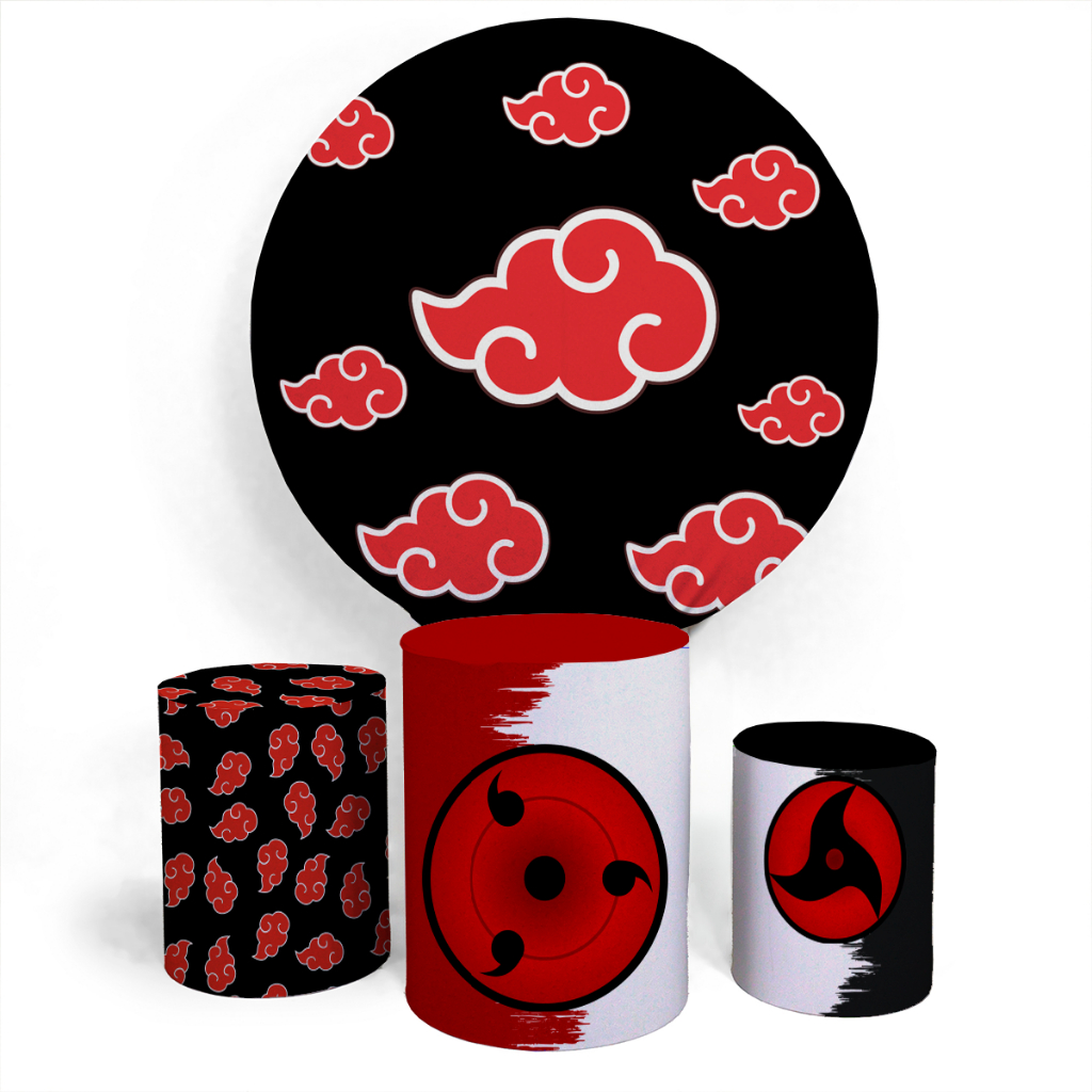 Kit Painel Aniversário Naruto Anime Manga Sharingan Akatsuki Comemoração Festa + Trio Capas Cilindro Varios Temas