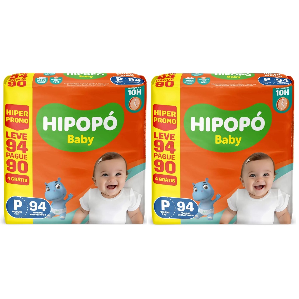 Kit 2 pcts Fralda Hipopó Baby Hiper P 94un - Total 188un em Oferta na Shopee