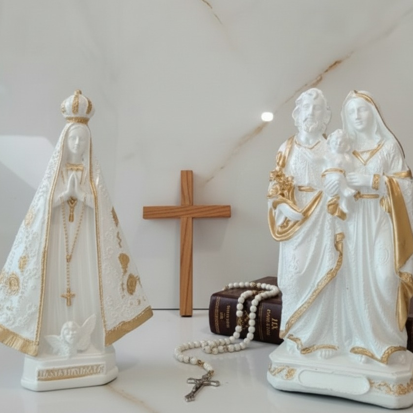 Kit Sagrada Família + Nossa Senhora Aparecida em Gesso 20cm - Branco Pérola com Detalhes Dourados