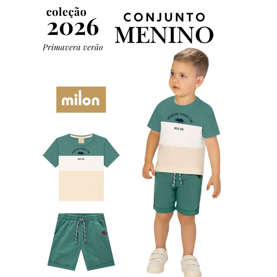 Conjunto Infantil Menino Lettering Milon coleção primavera ,camiseta listrada bermuda em sarja