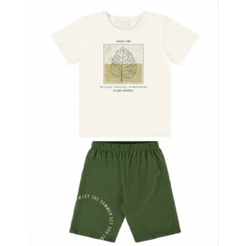 Conjunto Infantil Menino Bee Loop Camiseta Natural Estampada + Bermuda Moletom Verde Sem Felpa