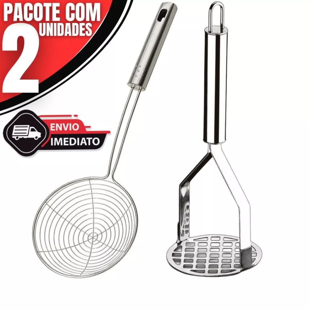 Kit 2 Utensílios de Cozinha Inox – Escumadeira de Fritura + Amassador de Batata
