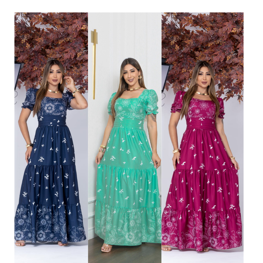 vestido femenino longo estanpado em Oferta na Shopee