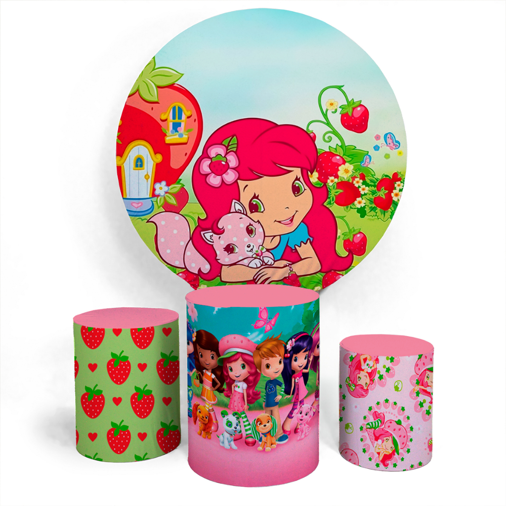 Kit Painel Evento Decorativo Moranguinho Festa Infantil Decoração Painel Redondo + Trio Completo Alta Qualidade Premium