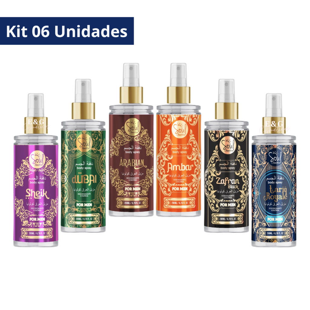 Kit 06 Body Splash Desodorante Colônia Árabe Masculino Soul Cosméticos 200ml em Oferta na Shopee