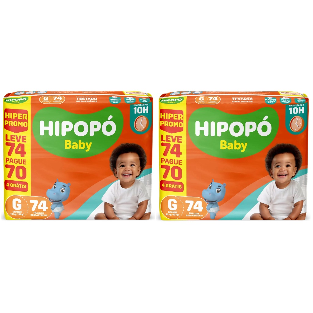 Kit 2 pcts Fralda Hipopó Baby Hiper G 74un - Total 148un