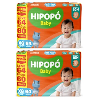 Kit 2 pcts Fralda Hipopó Baby Hiper XG 64un cada - Total 128un em Oferta na Shopee