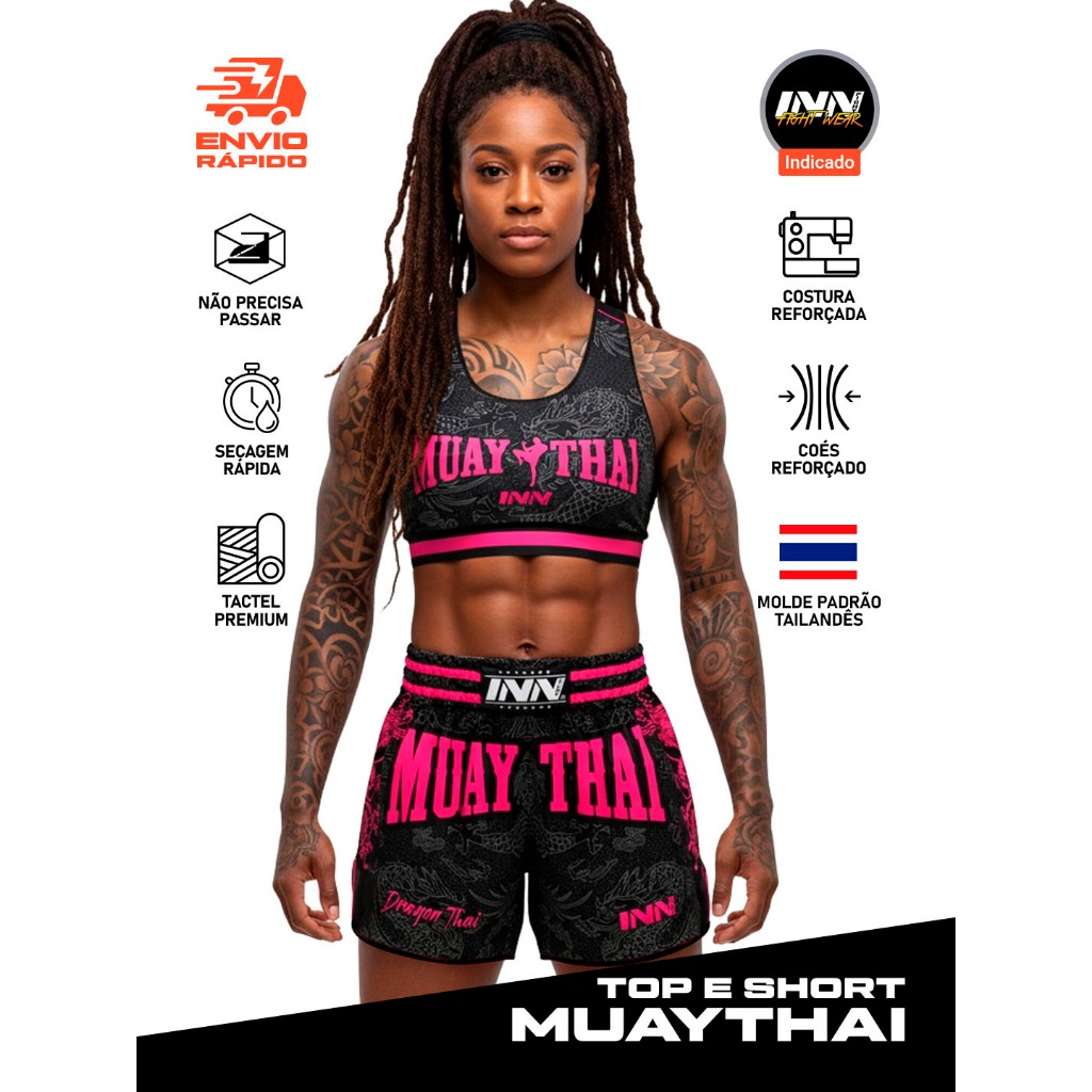 Top e Short Conjunto Muay Thai Treino Dragon Thai Rosa Feminino em Oferta na Shopee